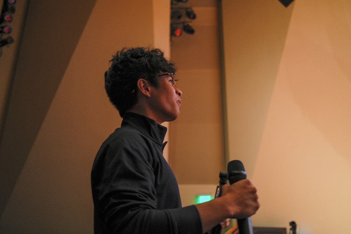 Aidan Ouckama at a speaking event